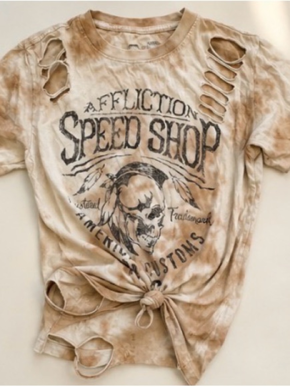 Affliction Speed Shop Women's Distressed Tie-Front Skull Graphic Biker Tee XS